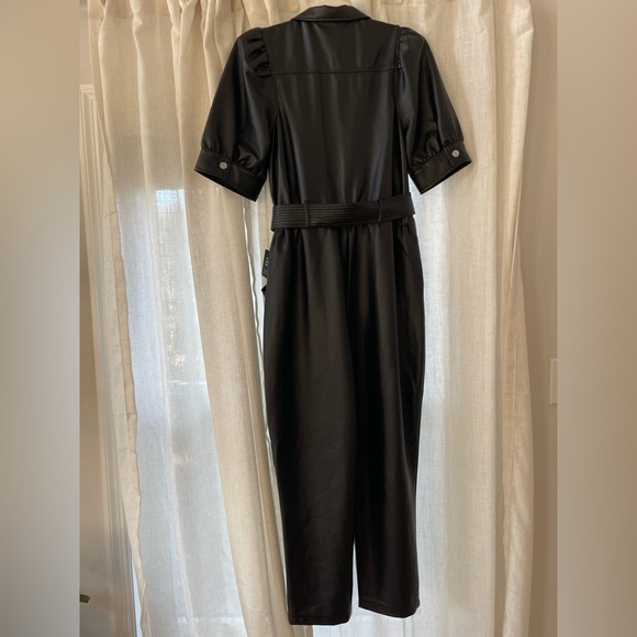NWT Express L Faux Leather Black Puff Sleeve Tie Waist Straight Leg Jumpsuit - Picture 5 of 11